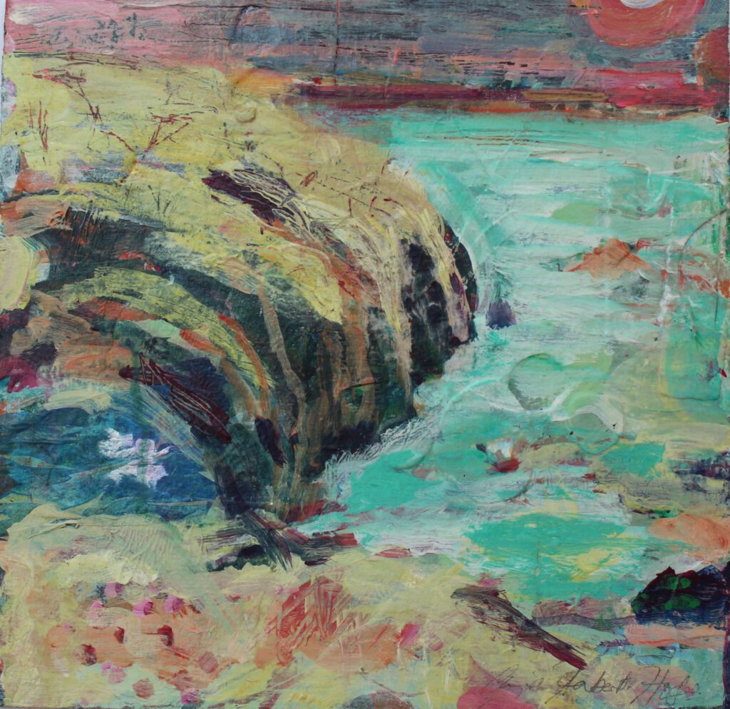 Abstract painting of the spring cliffs as the flower moon sets in Perranporth,Cornwall.
