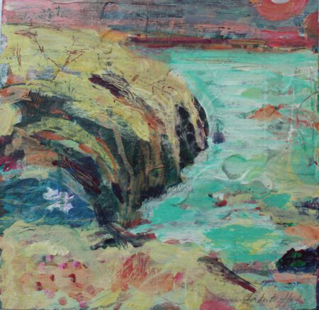 Abstract painting of the spring cliffs as the flower moon sets in Perranporth,Cornwall.