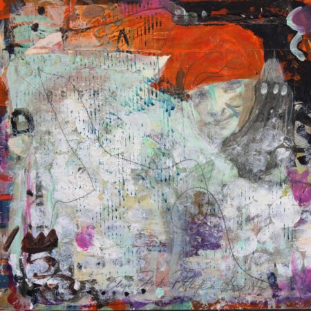 Abstracted female head with an orange hat & highly textured surface to creat an intuitive exciting painting.