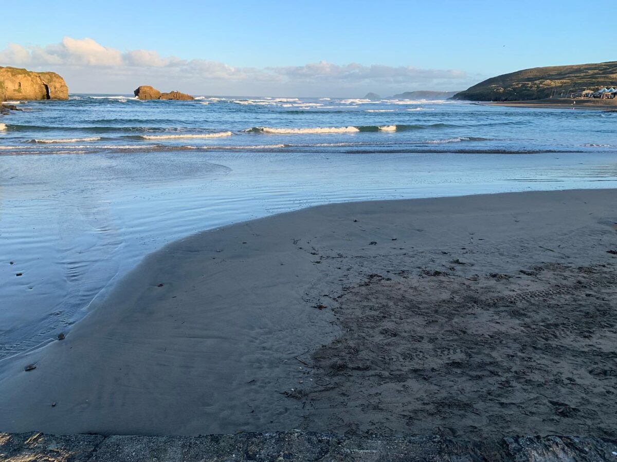 Perranporth Beach looking towards Chapel Rock, Jan 2023